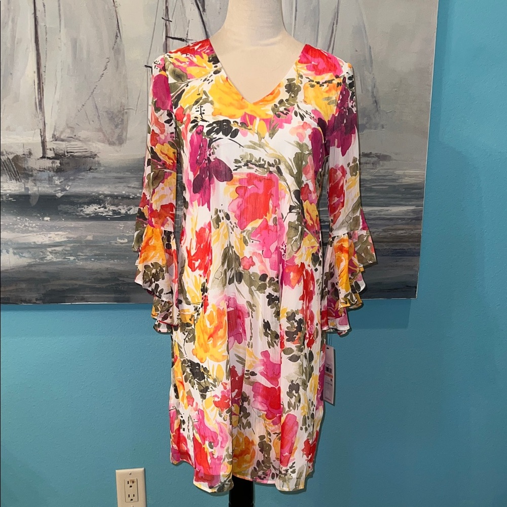 NWT Calvin Klein Floral Bell Sleeve Dress, Sz 2